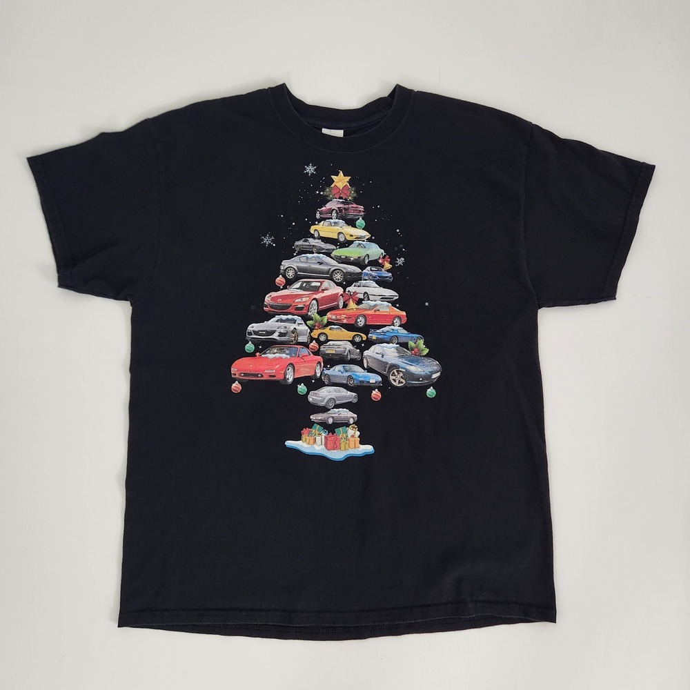 Mens Black Sports Car Christmas‎ Tree Graphic T-Shirt size Large